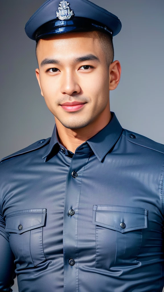 (Create a masterpiece: 1.2),(CGI art:1.3),(realistic:1.5),(After processing:1.3),(Sharp focus:1.3),10,1 man, smile, (Wear a navy blue police shirt.), Korean guy , korean men, (High gloss details), chest muscles, large arm muscles, blood vessel, Big muscles, Broad shoulders, looking at the audience, Balancing the eyes, desert