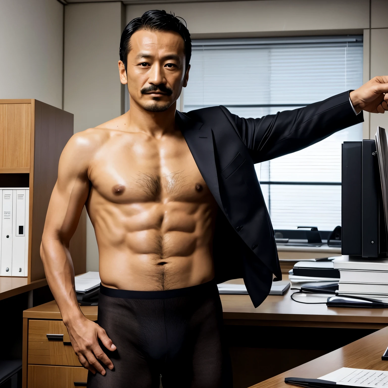 40 years old,Hidetoshi Nakata,(Kogoro Mori 1.3),male,Topless,Densely hairy,Bright,Raised,Fortitude,office,Suit,Tights,whole body,Fortitude,HD,With a mustache,Black socks,
