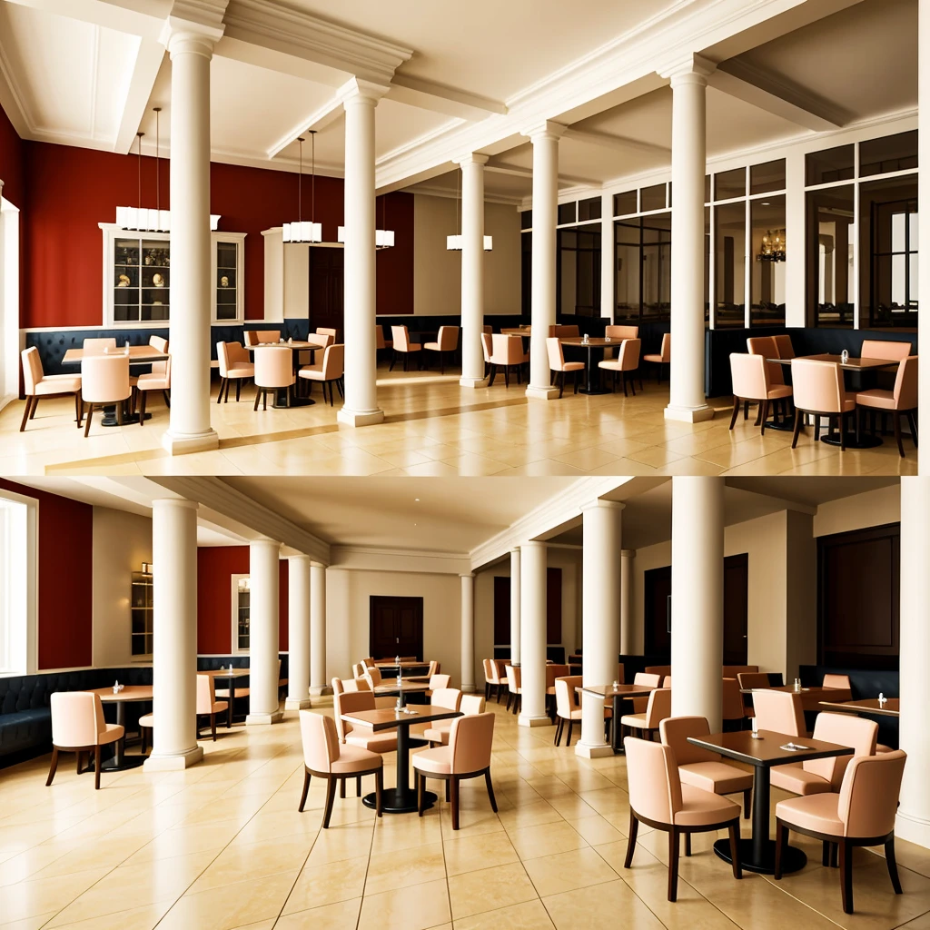 Interior for a restaurant with three columns in the center, couple of tables with soft chairs in light colors in 3D graphics