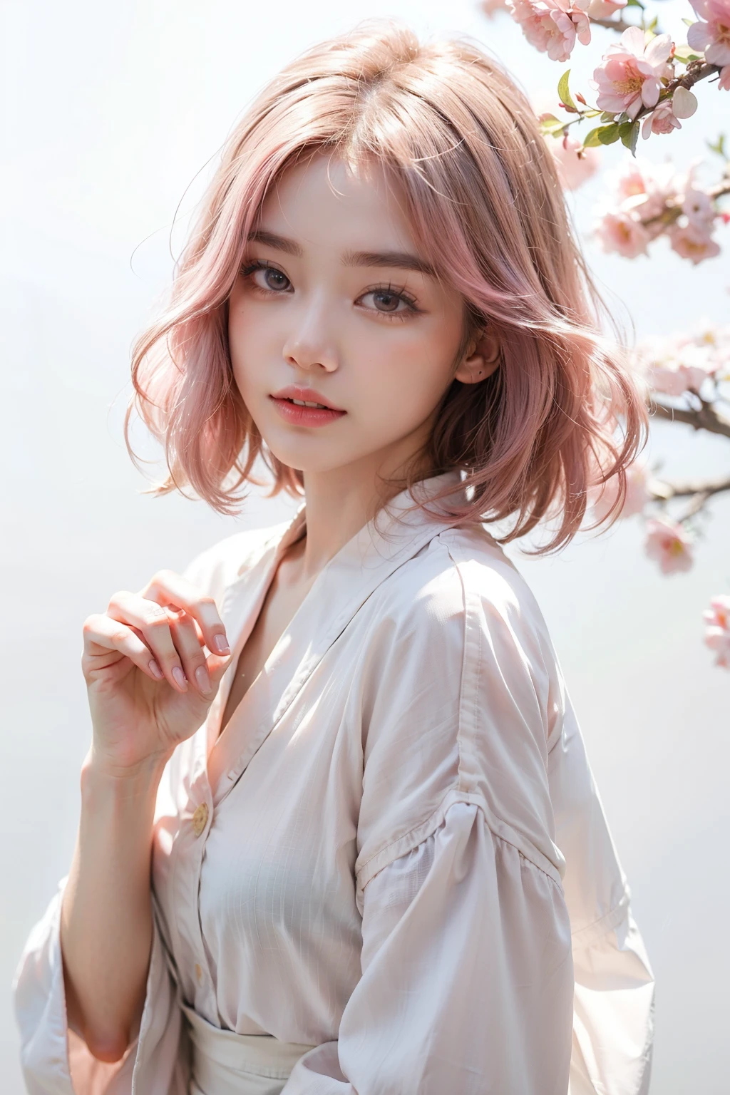 Japanese,Bob Hair,Light pink hair, Pink Eyes, Pink and white, Cherry leaves, Vibrant colors, White clothes, Paint splashes, Simple Background, Ray Tracing