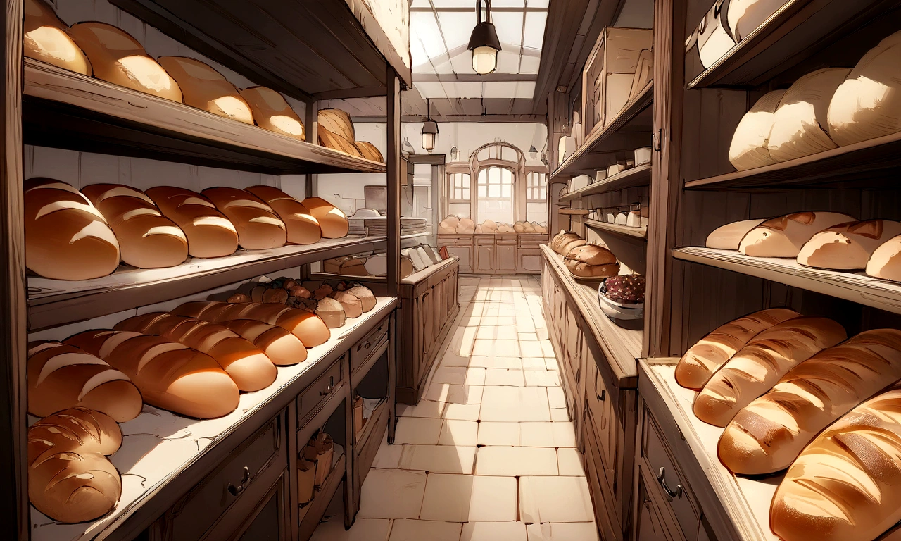 ((((masterpiece, Highest quality, High resolution)))),High detail, manga,anime,Illustration Style,Use of bright colors,Ghibli Studio,Similar to the colors used in daytime scenes, Game fantasy world view,RPG世界のbakery, Extremely detailed 8K, High detail, bakery,Lots of delicious looking bread,bakeryの店内,indoor,Shelves lined with bread,人気のあるbakery,小さいbakery,可愛いbakery,flower々Potted plant.
