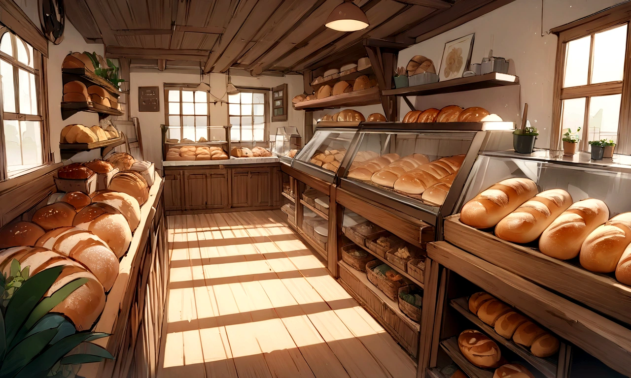 ((((masterpiece, Highest quality, High resolution)))),High detail, manga，anime，Illustration Style，Use of bright colors，Ghibli Studio，Similar to the colors used in daytime scenes, Game fantasy world view,RPG世界のbakery, Extremely detailed 8K, High detail, bakery,Lots of delicious looking bread,bakeryの店内,indoor,Shelves lined with bread,人気のあるbakery,小さいbakery,可愛いbakery,flower々Potted plant.