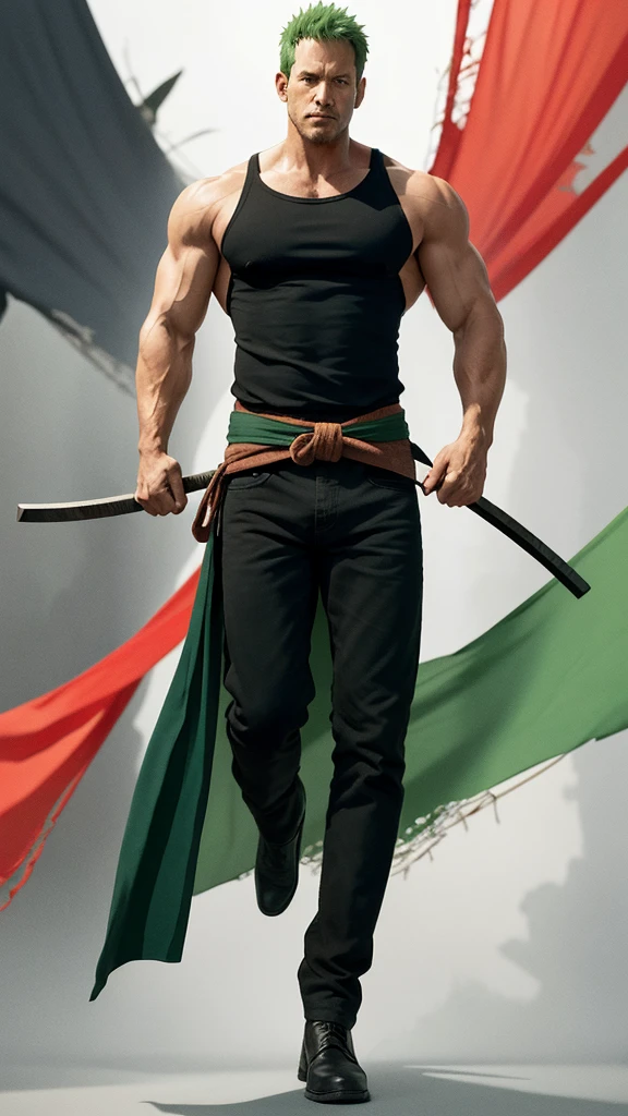 /imagine prompt: A high-resolution illustration of Zoro from One Piece, featuring his short green hair and sharp gaze. He has a large vertical scar over his left eye and three swords at his waist. His left ear has three gold earrings, and his muscular physique shows a large scar on his chest. He wears a white T-shirt, green haramaki, black pants, and a red sash. Created using: digital art, vibrant color palette, dynamic composition, anime style, detailed textures, hd quality --ar 16:9 --v 6.0