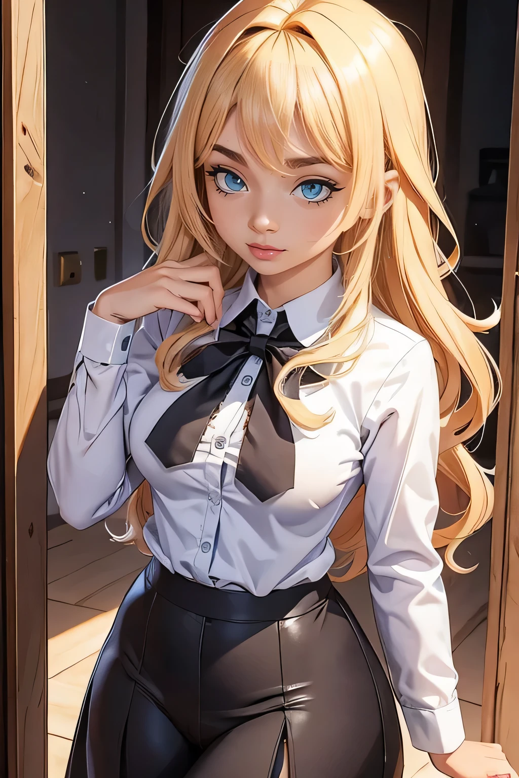 garota jovem, ((wavy blonde hair)), shining blue eyes, small and cute face, skin fair, Waist slender, medium breasts, average prancing ass, pretty legs, ((white  shirt)), red tie, (((Dark Blue Skirt))), between a door, with door at the back