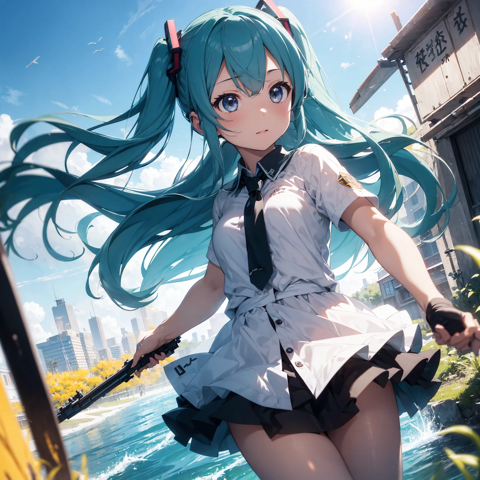 Hatsune Miku, masterpiece, Highest quality, Lens flare, Depth of written boundary, (close: 1.3), (Wide Shot, Fisheye Lens: 0.85), Face Focus, Hatsune Miku, Small faces scattered, Detail of bloodstained lips, Open neck blouse, Pleated skirt, (Have a weapon, Hold the rifle, aim, aim:1.2), gun, H&Ｋhk416, carbine, fire, Firing, sunny, blue sky, battlefield, road signs, Skyscraper,