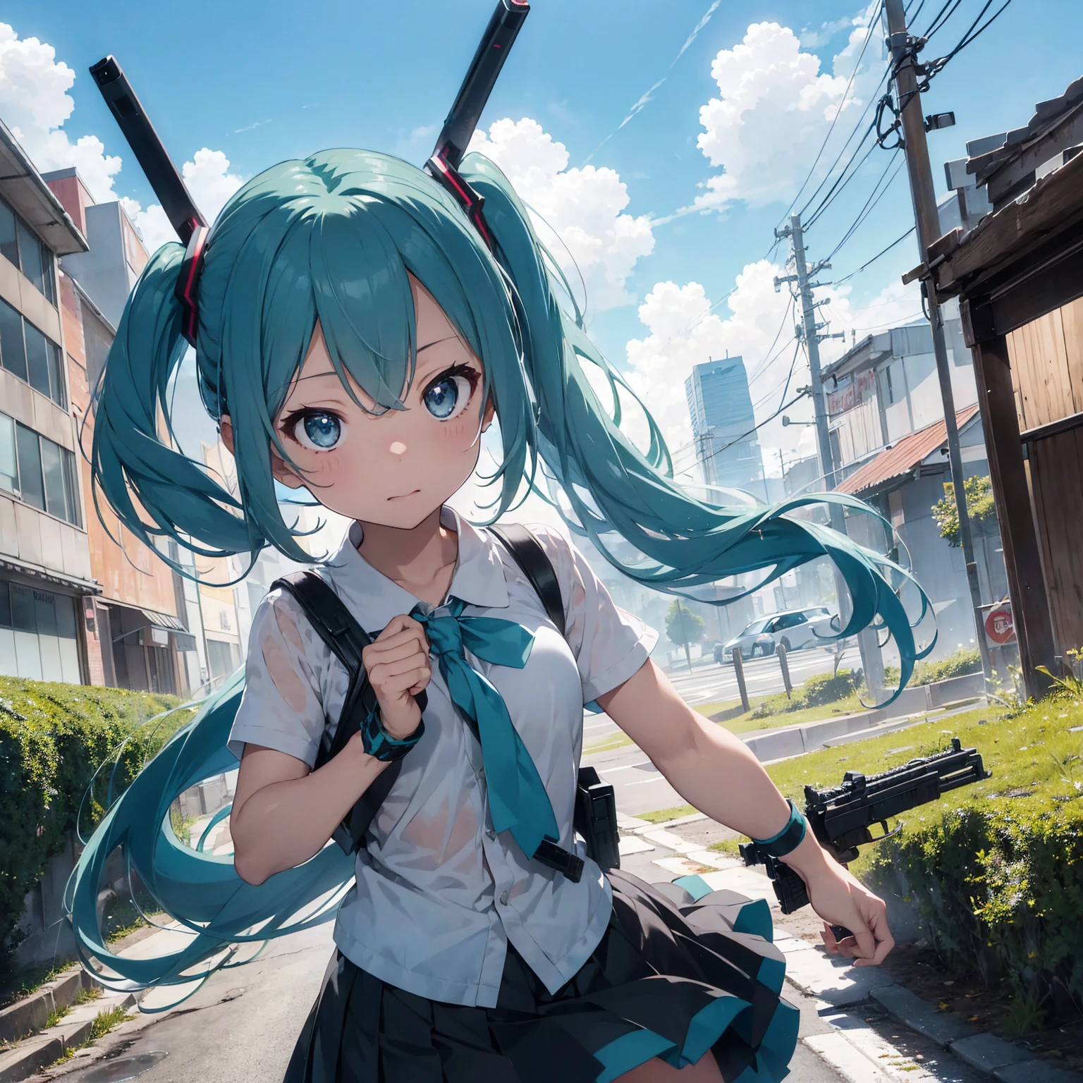 Hatsune Miku, masterpiece, Highest quality, Lens flare, Depth of written boundary, (close: 1.3), (Wide Shot, Fisheye Lens: 0.85), Face Focus, Hatsune Miku, Small faces scattered, Detail of bloodstained lips, Open neck blouse, Pleated skirt, (Have a weapon, Hold the rifle, aim, aim:1.2), gun, H&Ｋhk416, carbine, fire, Firing, sunny, blue sky, battlefield, road signs, Skyscraper,
