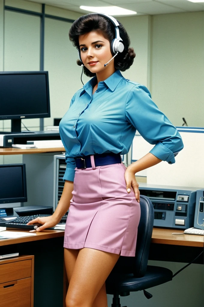 Beautiful 80s telephone operator with short skirt and blue blouse, busty in her work center, perfect legs, perfect ass