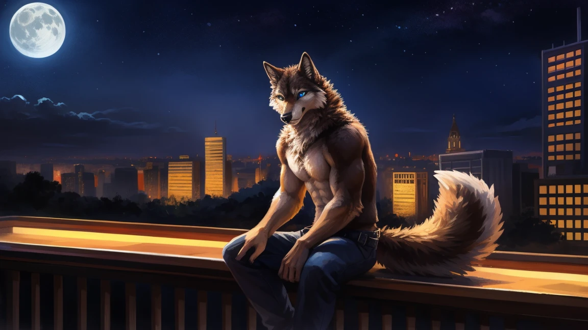 ((Solo)), male people, anthro wolf, (Multi-colored fur, White-brown:1.3), ((Wolf face, Big eyes, White eyelids, Blue pupil, Slim:1.2) (Tough, Calm expression:1.2)), (Height 2.1 meters,Tail length 1.5m), Abs, Slim, pinging, (Correct anatomy), (Contour bone:1.2), The upper body is naked, (detailed outfits), a long large tail,Feet,(Realistic fur, Detailed fur texture, labeled:1.3)), (Natural lighting), Photorealistic, Hyperrealistic, ultradetailed, by Kenket,In the modern city,Roof,the night,Sit alone,Look at the full moon,It was dark,Starry