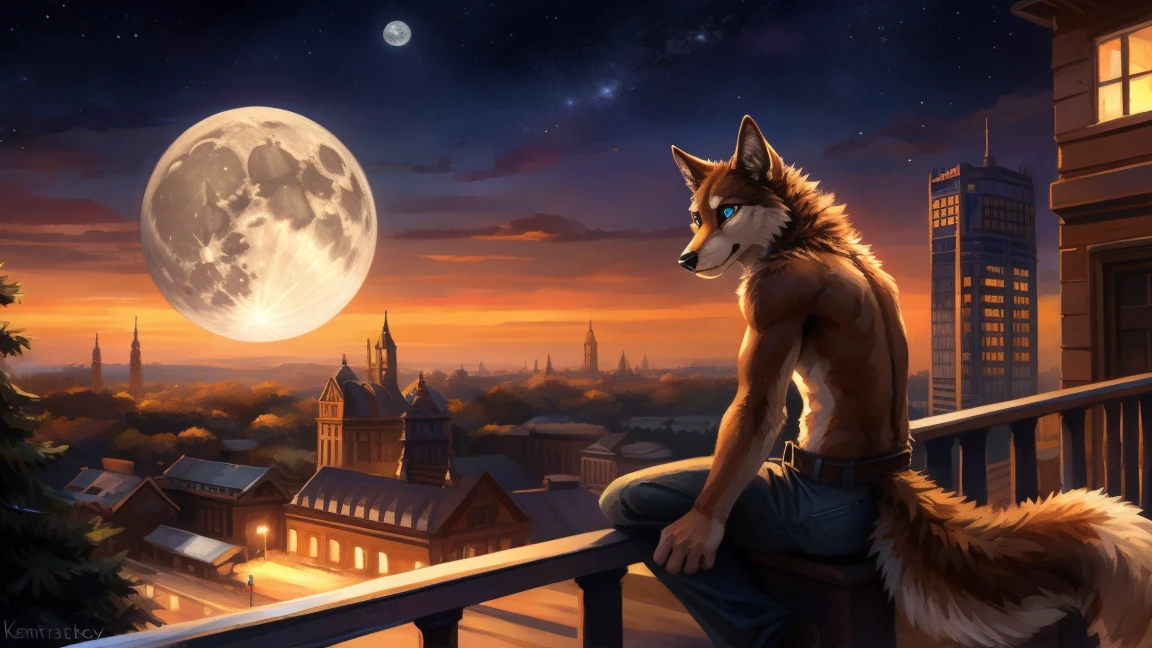 ((Solo)), male people, anthro wolf, (Multi-colored fur, White-brown:1.3), ((Wolf face, Big eyes, White eyelids, Blue pupil, Slim:1.2) (Tough, Calm expression:1.2)), (Height 2.1 meters,Tail length 1.5m), Abs, Slim, pinging, (Correct anatomy), (Contour bone:1.2), The upper body is naked, (detailed outfits), a long large tail,Feet,(Realistic fur, Detailed fur texture, labeled:1.3)), (Natural lighting), Photorealistic, Hyperrealistic, ultradetailed, by Kenket,In the modern city,Roof,the night,Sit alone,Look at the full moon,It was dark,Starry
