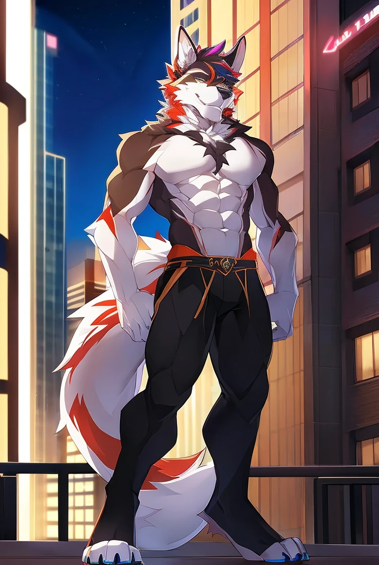 ((Solo)), male people, anthro wolf, (Multi-colored fur, White tail pointed), (Height 3meters,Tail length 2meters), Abs, pinginuscular, A long big tail, by patto, modern city
