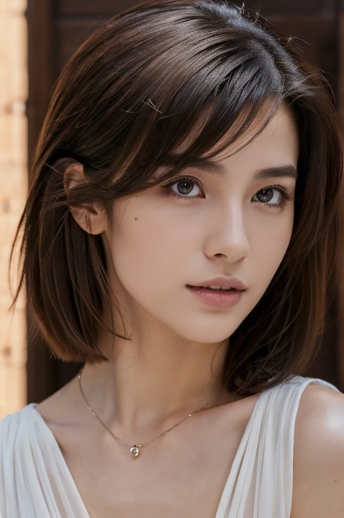((top-quality、8K、masterpiece: 1.erfect Body Beauty: 1.4、Slender Abs: 1.2、Beautiful woman with slender abs:1.3、(Highlight Haircutreast B Cup:1.2), medium breast, round shape breast, perfect shape breast, (( sexy , sheer )), necklace, hyperdetailed face、18year old、 Pretty women、(Dark brown short-cut hair), Slim Face、Highly detailed facial and skin texture、very detailed lips、opens legs、top-quality、masterpiece、超A high resolution、(Photorealsitic:1.4), walked forward confidently, long shot , studio setup, photography steup, light from both side, background,
