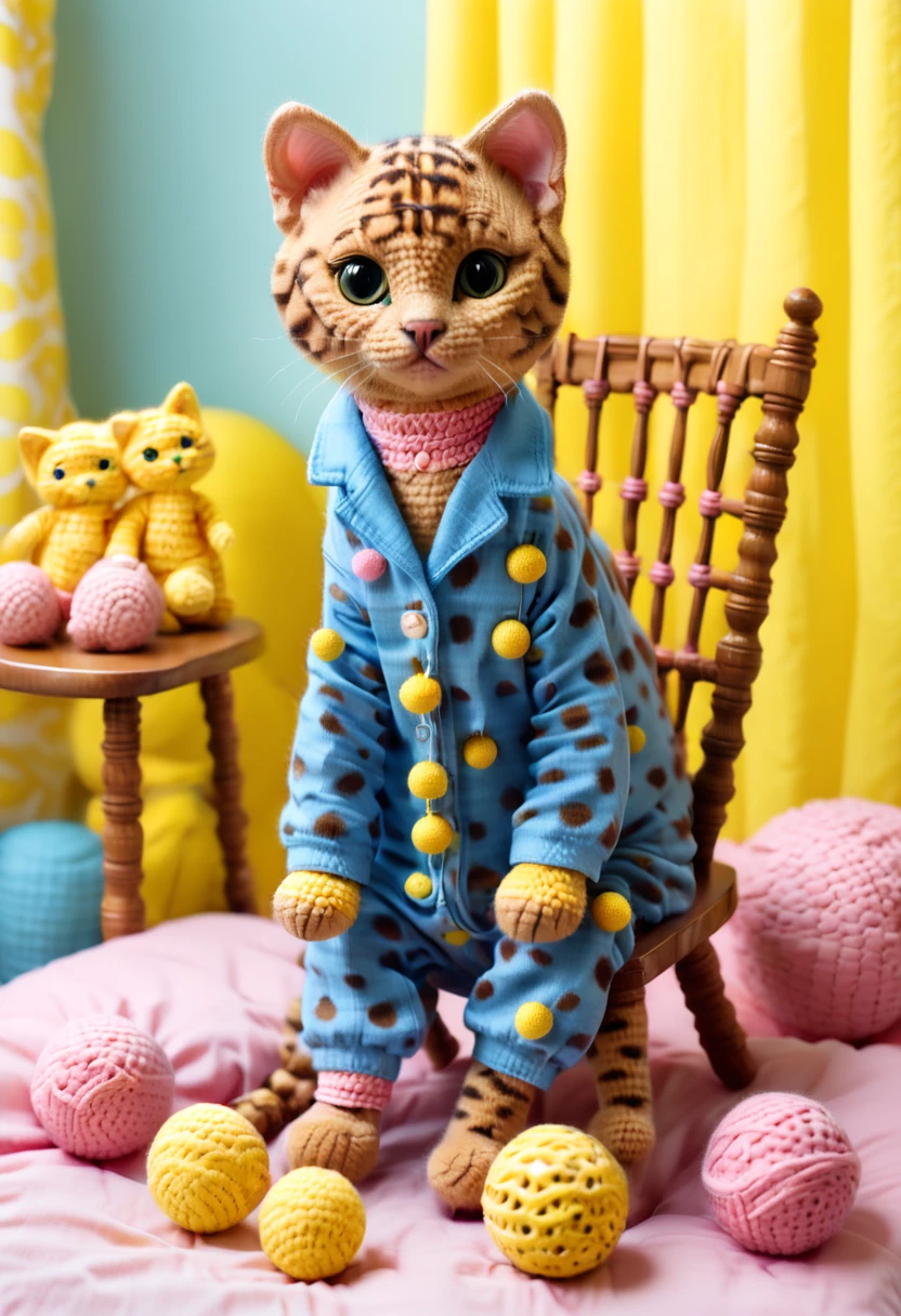 envision a sewing bengal cat wearing a blue pijamas with yellow balls, sitting in a wooden chair, in a yellow and pink girl bedroom, with other toys