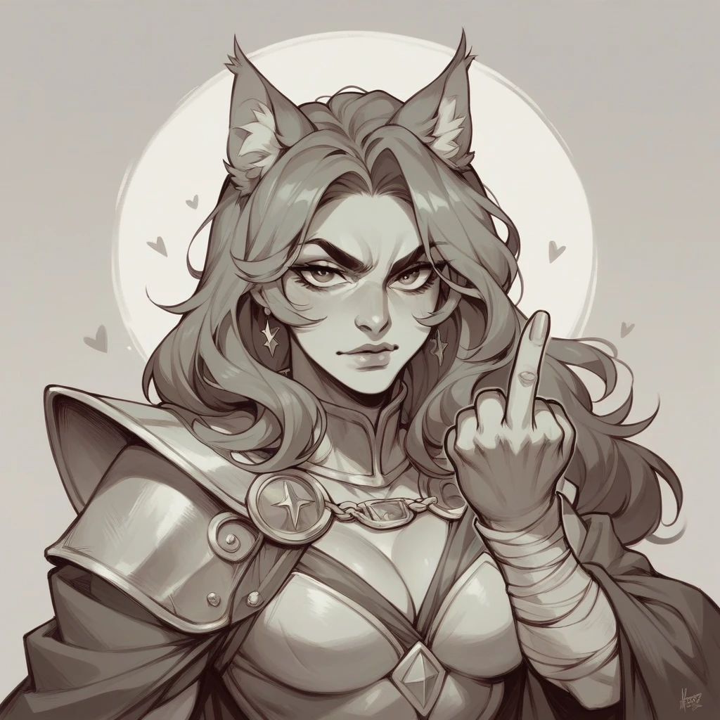 I want a personal photo of a beautiful cat, very attractive, majestic, and a warrior making a fuck gesture with her middle finger, in high quality, in black and white.