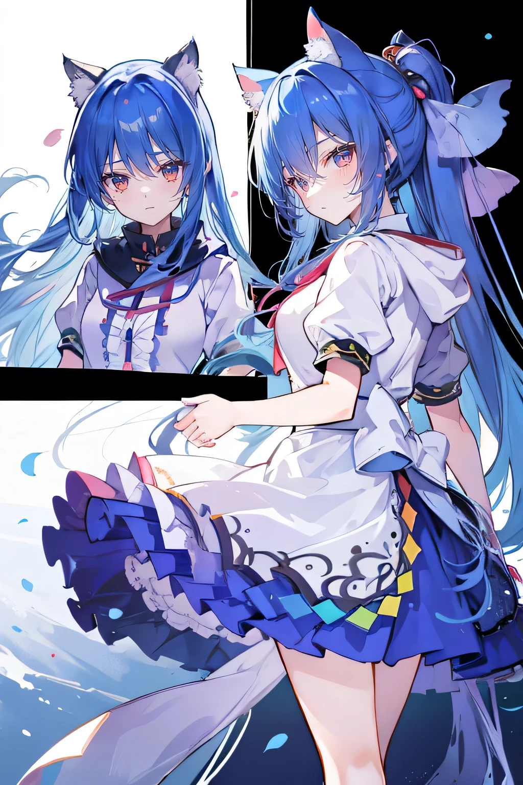 (masterpiece:1.2),Super detailed,lifelike,Expressive eyes,fair skin,perfect face shape,1 girl,
Japanese comics,Gorgeous blue hair,flowing blue hair,flowing clothes,Cat ears,Petals fall,beautiful lola,Baby Angel,
Shaking head with one hand,Cross your legs,Gentle and peaceful background,The pavilion is cool and comfortable,smile, wearing hoodie, background of tokyo,back views,snowing, winter,maid outfit。