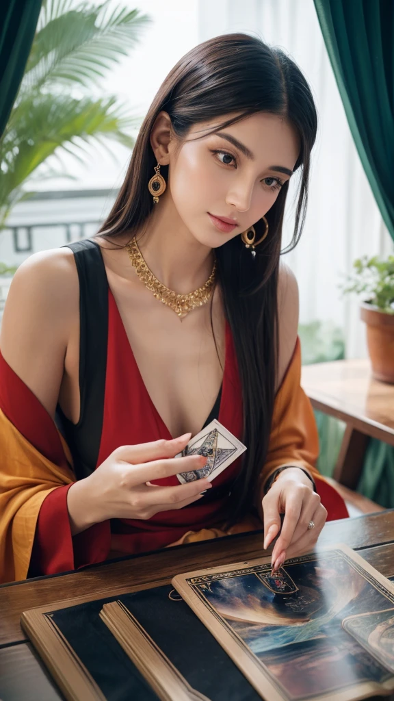 A very beautiful fortune teller is reading tarot cards