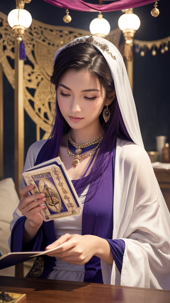 A very beautiful fortune teller is reading tarot cards