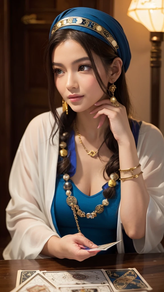 A very beautiful fortune teller is reading tarot cards