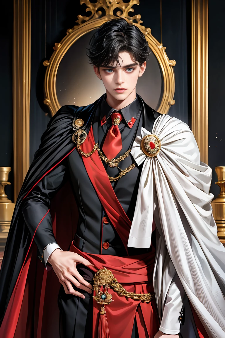 masterpiece, 最high quality, high quality, 1 boy, alone, Male focus, Watching the audience, Messy black hair, Adorable big blue eyes, White people, Noble, Noble,Sexy voluminous black and red cape、Tuxedo、A very voluminous, large, very large, very large, long, long red and black cape with a high stand-up collar, reaching down to the floor, made of a lot of fabric., 17 years old,Cute beautiful boys,Cute, cute, kind, handsome guy