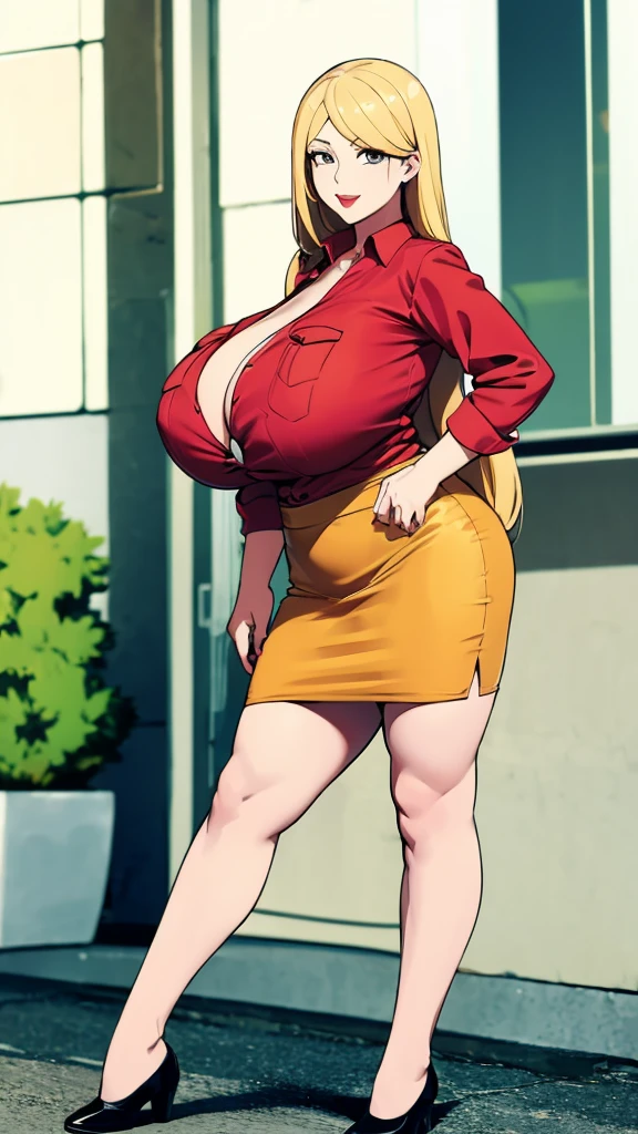 A cute sexy girl beautiful big breast long yellow hair shine her brown eye red lip she wears a white long buttoned shirt and a long blue skirt black shoes