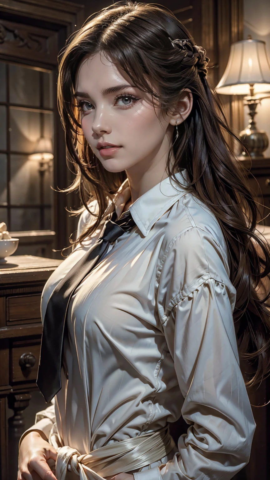 8K, Highest quality, masterpiece:1.2), (Realistic, photo-Realistic:1.37), Highest quality, masterpiece, Beautiful young woman, Pensive expression, Thoughtful expression, Elegant clothing, Tie your hair back, Messy mood, Movie Background, tired, Light skin tone