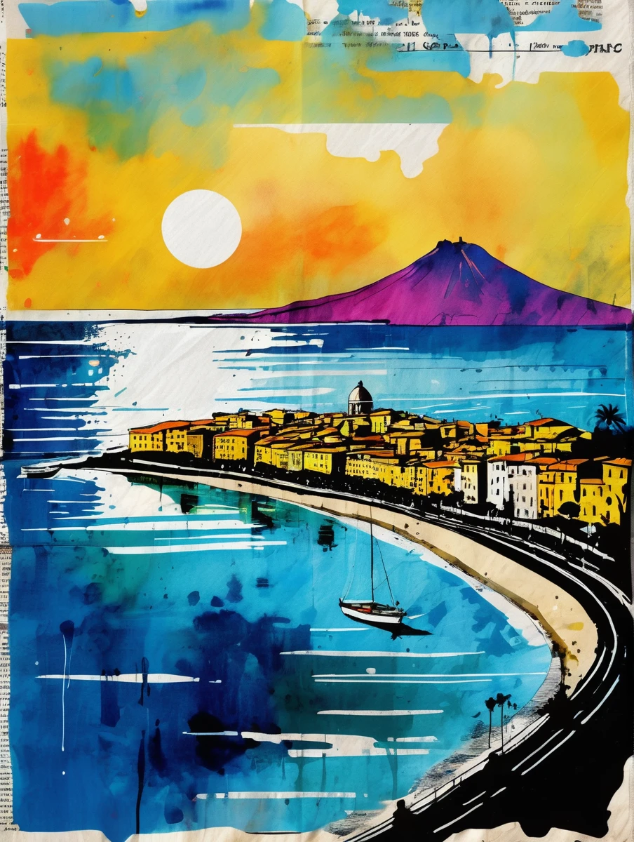 (ink on newspaper in the style of Loui Jover:1.5), NAPLES LANDSCAPE, VESUVIO, SEA, Envision an art movement inner thoughts and emotions as vibrant, shifting patterns of color and light