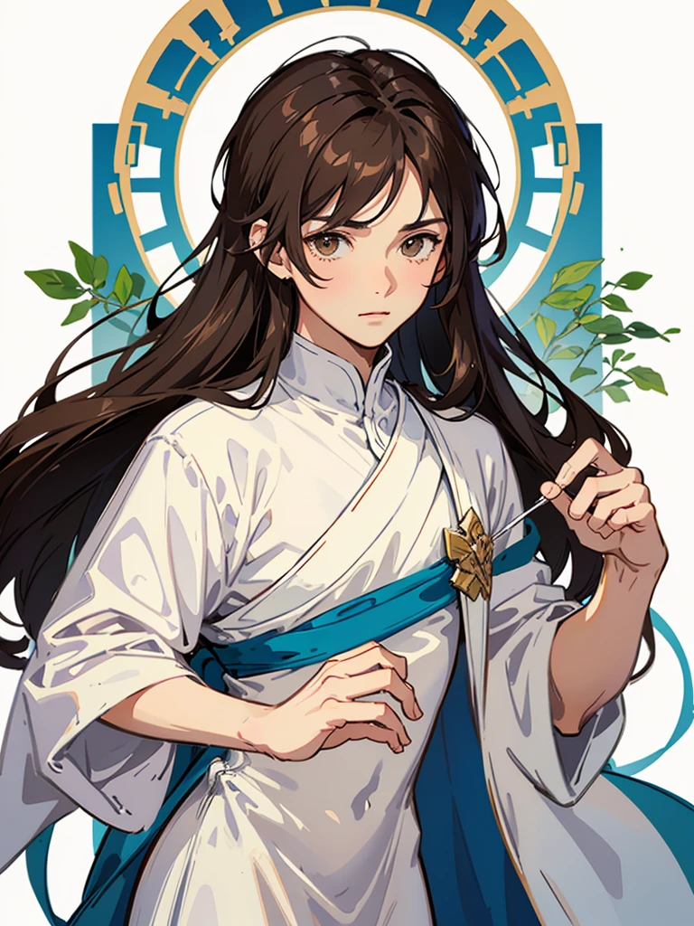 {{{visual novel sprite}}}, {{{white background}}}, (((1male))), half body, facing viewer, short dark brown hair, brown eyes, cute, pretty, white Greek tunic, open robes, small penis,