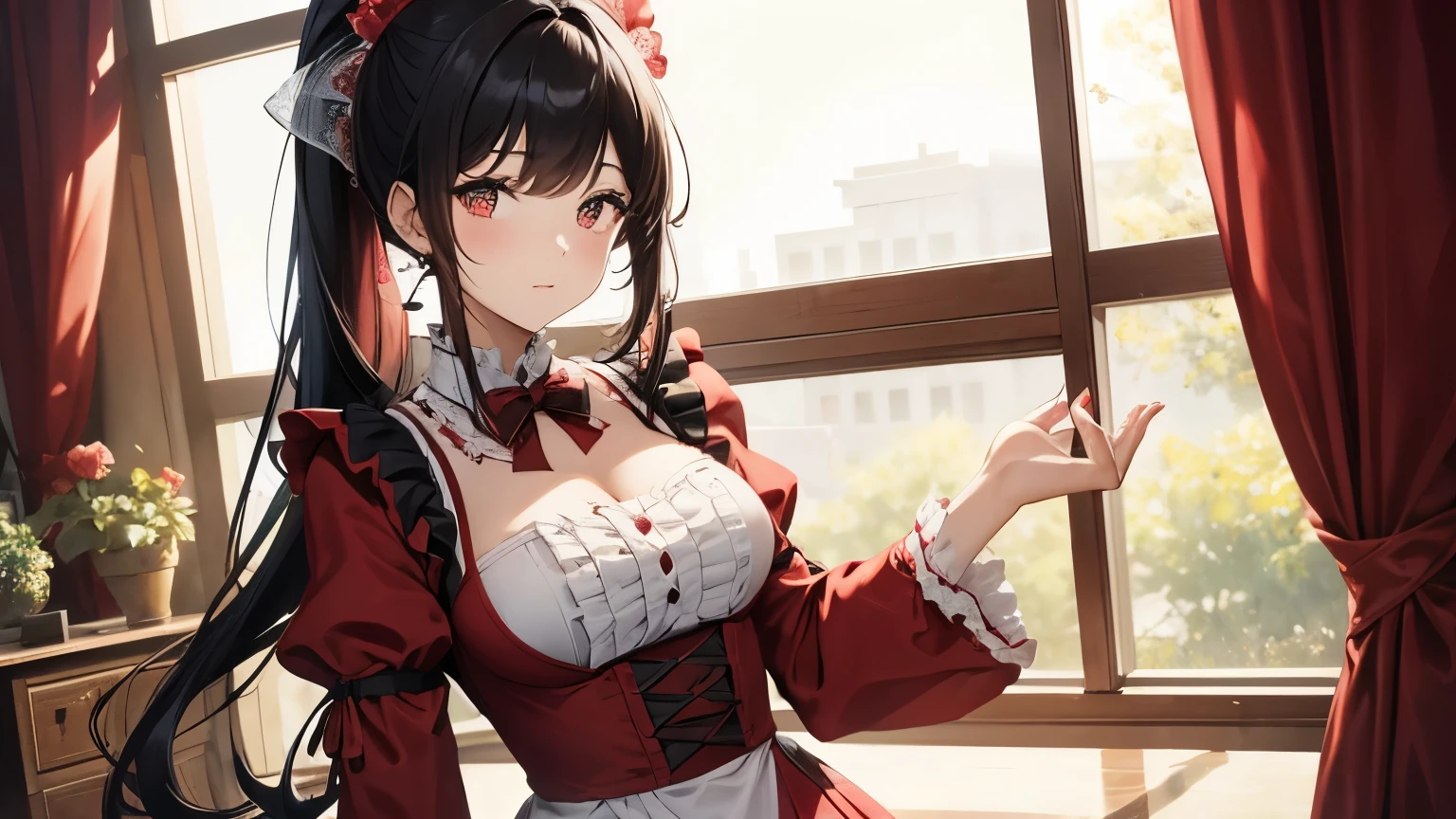 A beautiful girl wearing a red maid outfit with lots of frills and lace　Long sleeve　Black hair ponytail with hair ornament　Upper Body