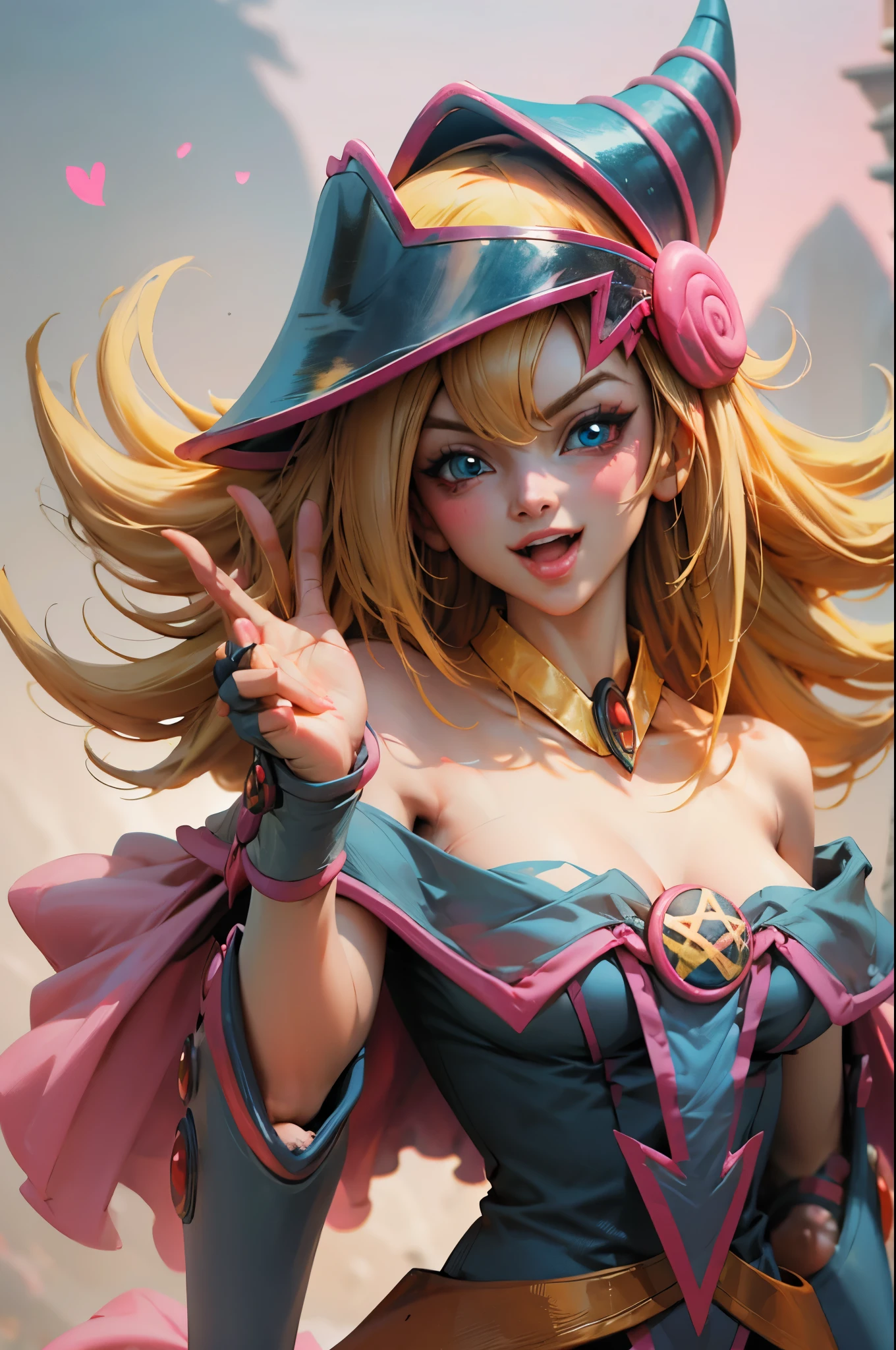 Create the beautiful face of dark magician gils. blue eyes. pink lips. white tea. blond hair. girl smile. Uncovered shoulders. Necklace on the neck. dark wizard gils face. His hands make the sign of peace and love. Peace and love in your hands.
