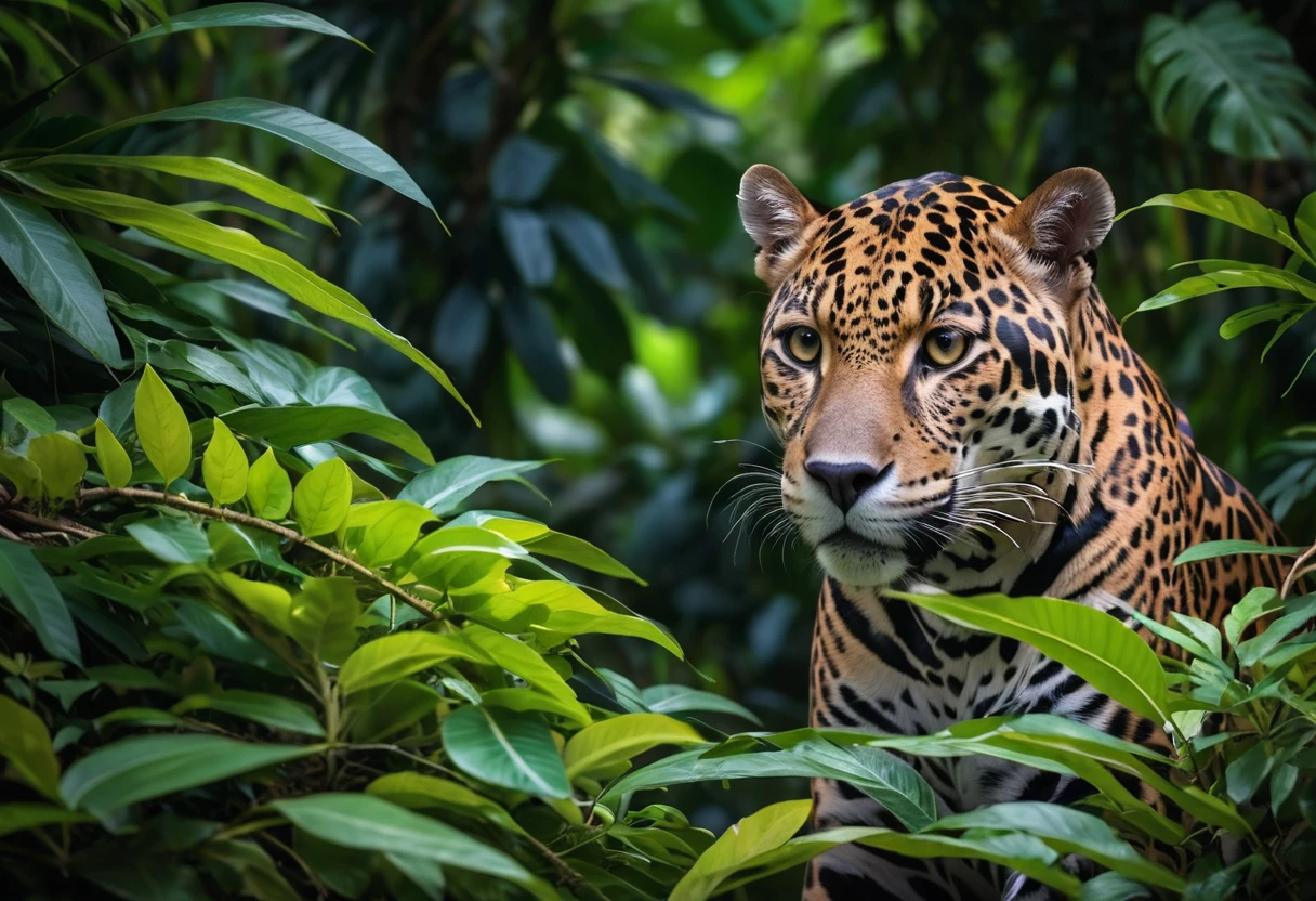 The photo was taken by Canon EOS R5 with a Canon RF 100-500mm F4.5-7.1L IS USM lens and parameters 500 mm, 1/1250 sec., f/7.1, ISO 5000, in the dark thicket of the Amazon jungle, a jaguar sneaks through the foliage of a shrub, the jaguar closely monitors invisible prey and sneaks up to it, the photo transmits the entire depth of the jungle volume and clearly shows the jaguar