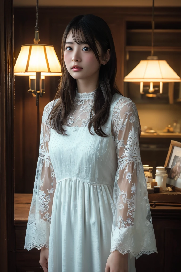 (Highest quality:1.4),(masterpiece:1.4),(Realistic:1.4),(Realistic:1.2),(超High resolution, RAW Photos:1.4),(High resolution, Ultra-detailed:1.2),(8K:1.2),View your viewers,Cinematic photography,a photo of a dark-haired,One girl,alone,((Lace dress,View from the front)),skeletally correct,(Western-style building interior,Dimly lit room,The lamplight shines on my cheeks)