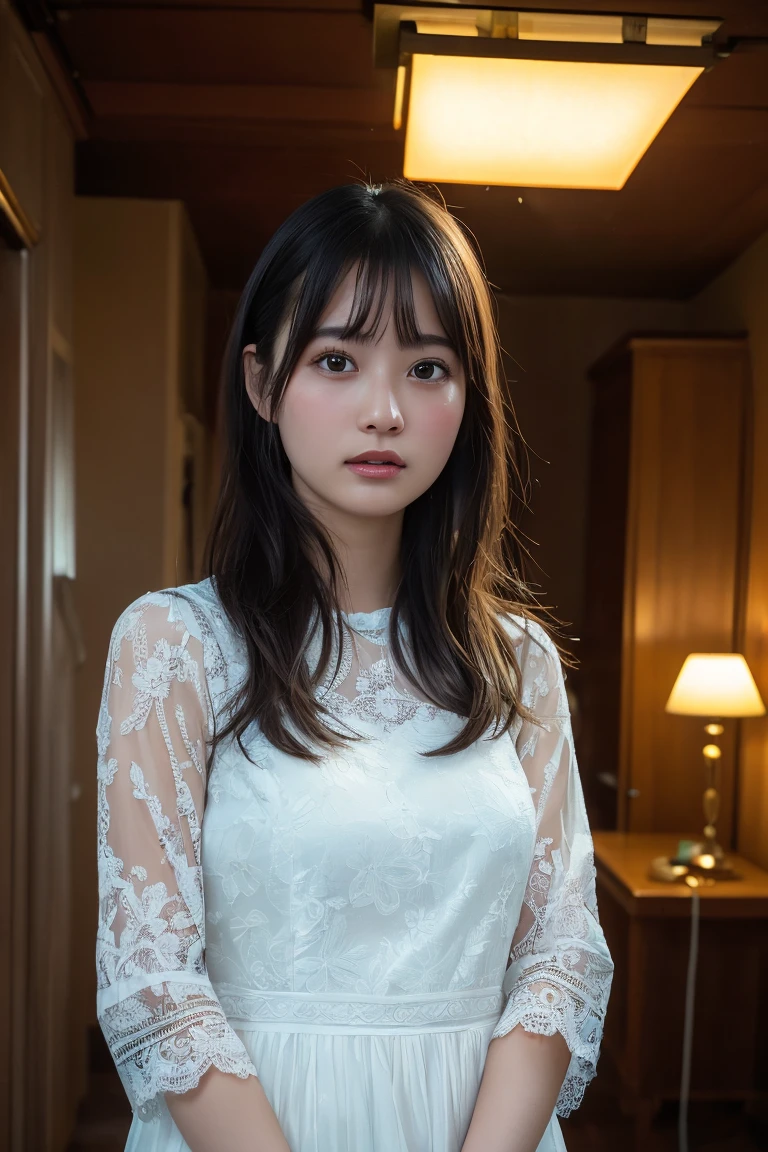 (Highest quality:1.4),(masterpiece:1.4),(Realistic:1.4),(Realistic:1.2),(超High resolution, RAW Photos:1.4),(High resolution, Ultra-detailed:1.2),(8K:1.2),View your viewers,Cinematic photography,a photo of a dark-haired,One girl,alone,((Lace dress,View from the front)),skeletally correct,(Western-style building interior,Dimly lit room,The lamplight shines on my cheeks)