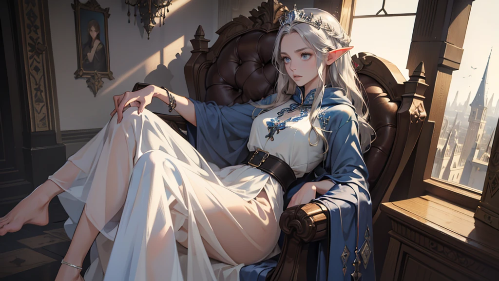 masterpiece, ultra detailed, 8K Portrait, Raw photo, a portrait photo of girl, Highly detailed face, beautiful and meticulous eyes, ((Fantasy)), (elf:1.0), 1woman, 40 year old, gray long hair, brown eyes, (melancholy expression:1.2), tiara, skinny, (ultra thin see-through dark blue silk dress), hooded long white coat Fluttering in the wind, ((bare foots)), Midday Sun, Hyper realistic, out of medieval castle in the sky, sitting on the throne, Ambient lighting, Shadow details , strong breeze, Light fog