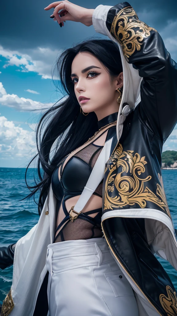 “Create an image of a stylish woman with long black hair in the style of JoJo’s Bizarre Adventure. She should have a dynamic pose and an intense expression. She should be wearing a detailed and fashionable outfit with intricate designs, including a white jacket with metallic accents and a mesh top underneath. The background should be a surreal, colorful seascape with dramatic clouds and a vibrant sky, reflecting the unique and dramatic style of JoJo’s Bizarre Adventure.”