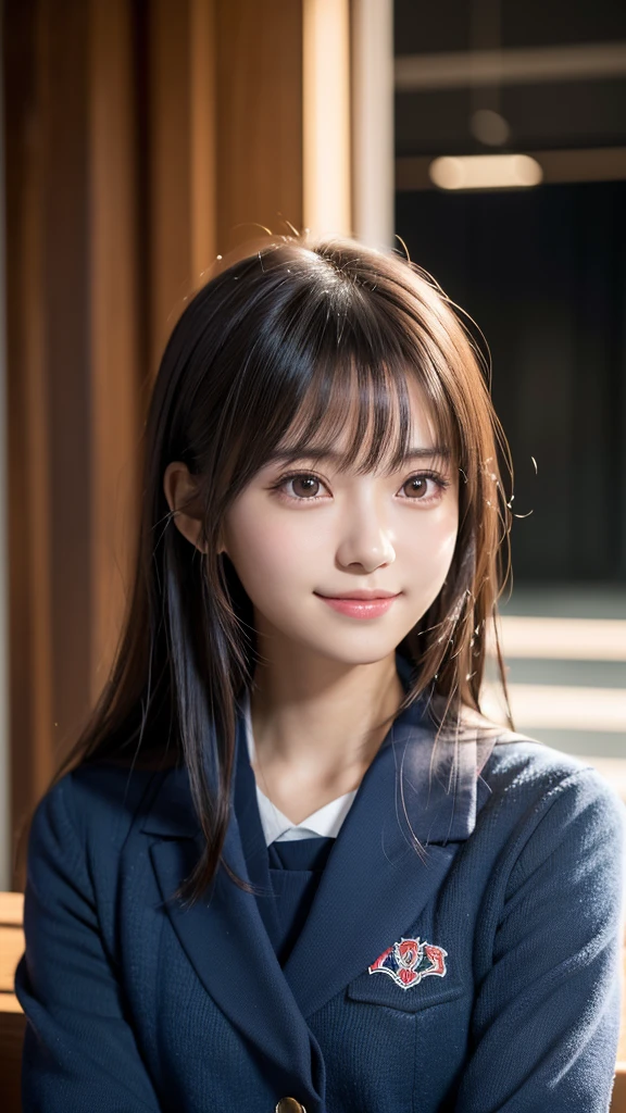 1 Japanese girl,(school uniform:1.4), (RAW Photos, highest quality), (Realistic, Photorealistic:1.4), Very delicate and beautiful, Very detailed, 8k wallpaper, wonderful, In detail, Very detailedなCG Unity, High resolution, Soft Light, Beautiful Details 19 years old, Very detailedな目と顔, Beautifully detailed nose, Beautiful fine details,Cinema Lighting,Perfect Anatomy,Slender body,smile , (Asymmetrical bangs,), manga,sitting,head tilt,?,head back,
