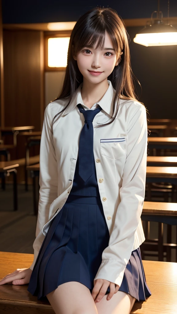 1 Japanese girl,(school uniform:1.4), (RAW Photos, highest quality), (Realistic, Photorealistic:1.4), Very delicate and beautiful, Very detailed, 8k wallpaper, wonderful, In detail, Very detailedなCG Unity, High resolution, Soft Light, Beautiful Details 19 years old, Very detailedな目と顔, Beautifully detailed nose, Beautiful fine details,Cinema Lighting,Perfect Anatomy,Slender body,smile , (Asymmetrical bangs,), manga,sitting,head tilt,?,head back,