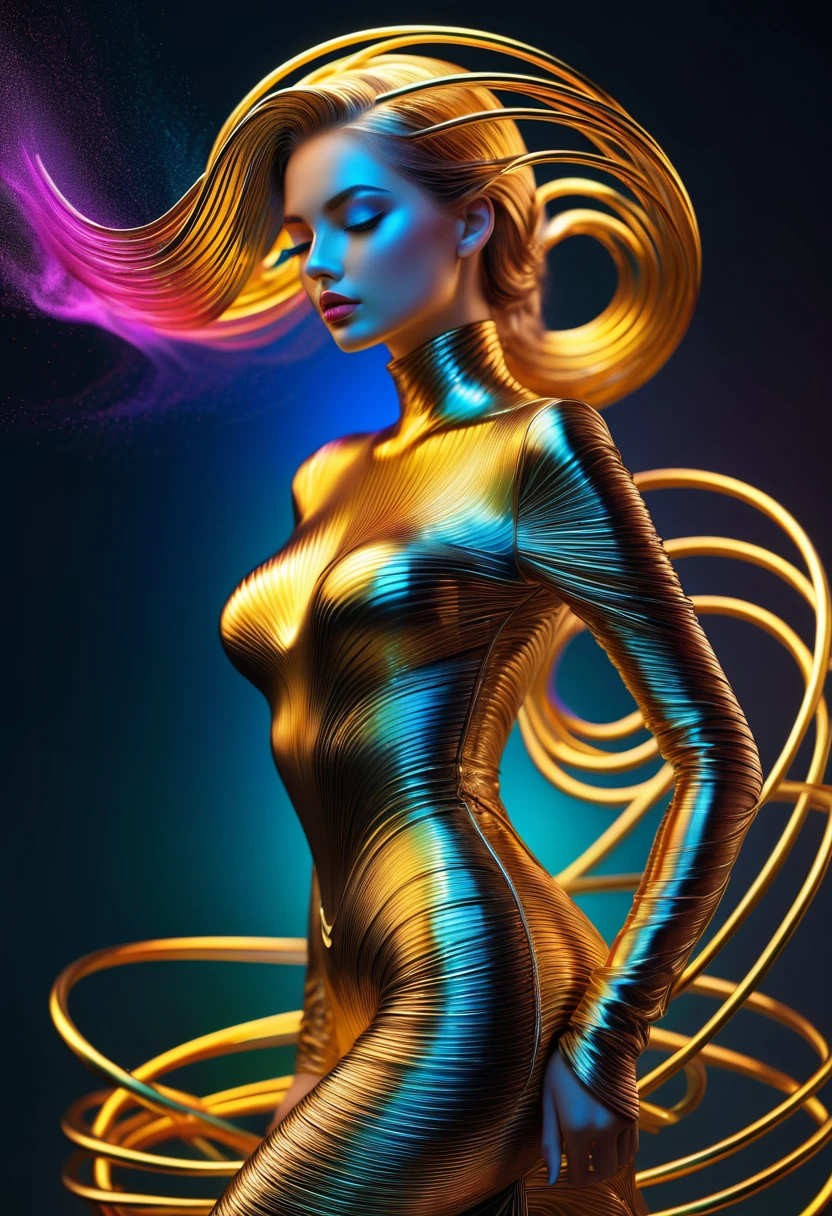 (line art:1.5),colored lines,a beautiful girl,model shoot style,abstract paintings, (Extremely detailed CG unified 8k wallpapers), A chaotic storm of lines emerges from a complex rainbow of smoke overhead., Stylized abstract portrait of a beautiful girl,Heavy metal style,postmodern industrial style,ultra-realistic realism,Image of a beautiful woman sculpture made of fine metal wire, golden curve structure, Woman sculpture made of wire., Spiral dripping gold, Composition of metal curve., winding streets, abstract female sculpture, Small jacuzzis, abstract sculpture, spin, turned, complex metal wires, spirals, long exposure photos, elegant line, complex light