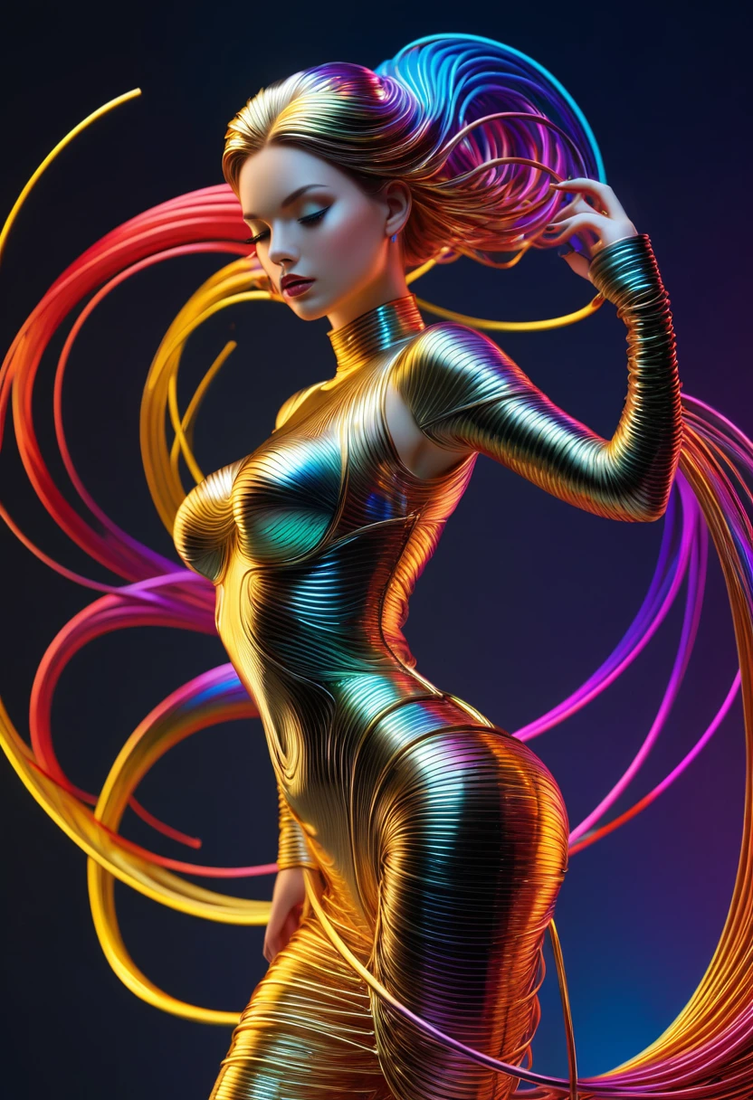 (line art:1.5),colored lines,a beautiful girl,model shoot style,abstract paintings, (Extremely detailed CG unified 8k wallpapers), A chaotic storm of lines emerges from a complex rainbow of smoke overhead., Stylized abstract portrait of a beautiful girl,Heavy metal style,postmodern industrial style,ultra-realistic realism,Image of a beautiful woman sculpture made of fine metal wire, golden curve structure, Woman sculpture made of wire., Spiral dripping gold, Composition of metal curve., winding streets, abstract female sculpture, Small jacuzzis, abstract sculpture, spin, turned, complex metal wires, spirals, long exposure photos, elegant line, complex light