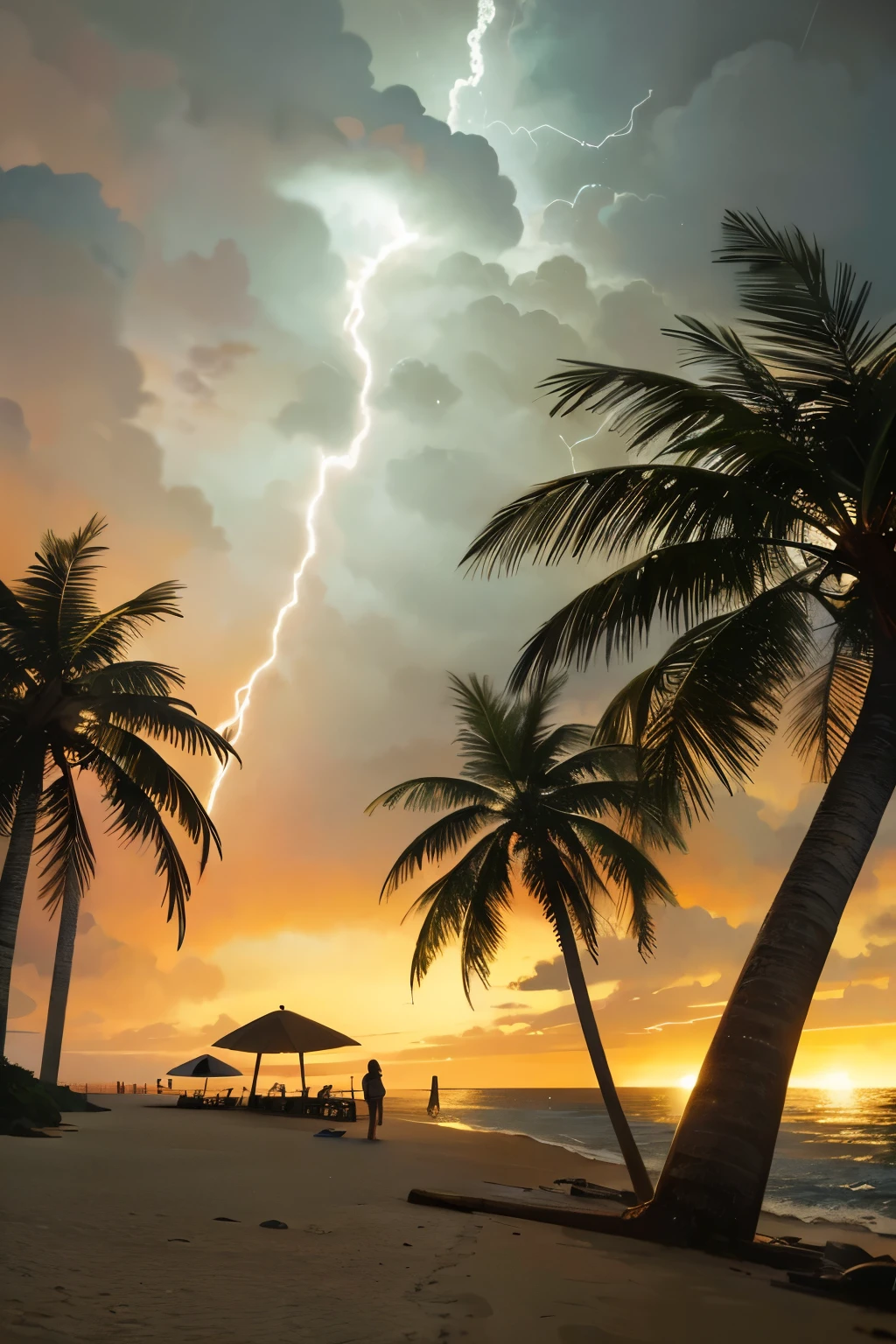 Coconout tree with lightning storm in background with soldiers im Beach