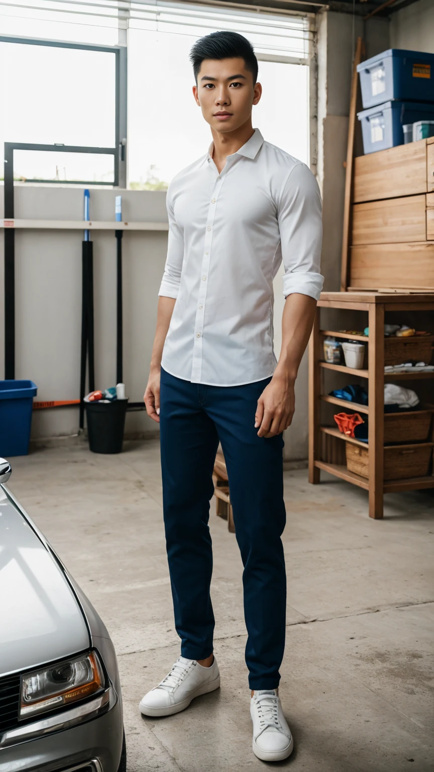 RAW, Best quality, high resolution, (masterpiece: 1.3), full body image, muscular asian young man in shirt, pants, shoes, Masterpiece, young man face, cute man face, cleanshaven, bright skin, rough skin, fierce eyes, soft smile, standing straight in a garage, masculine pose, strong expression, facing straight to camera, at noon, Great lighting, great sunlight, Bright colors, Ultra realistic clean lines, very realistic