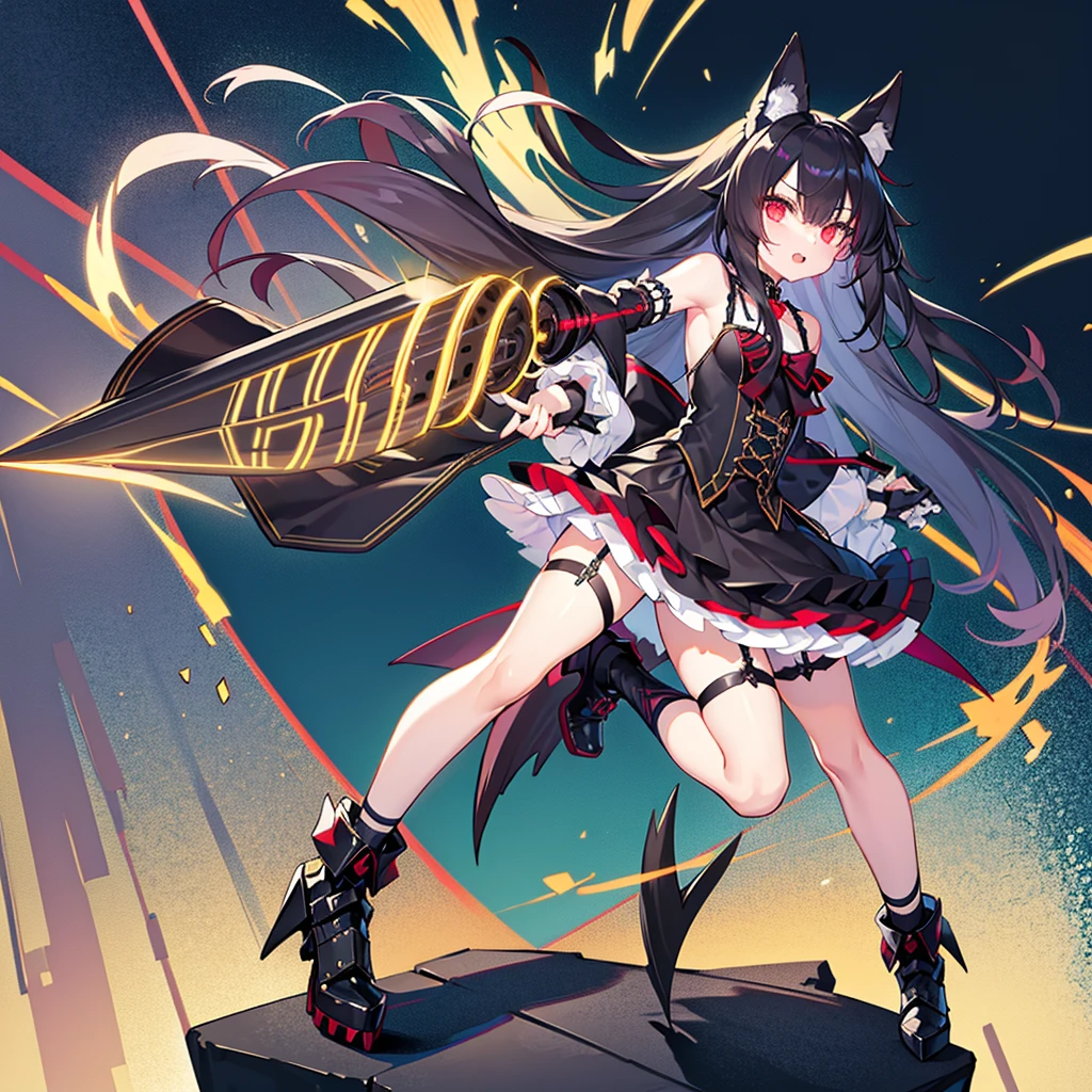 black long straight hair shota,hyper cute fenrir shota,ultra frilly miniskirt dress,holding glowing claw weapon,fenrir's claw attack,garter belt,