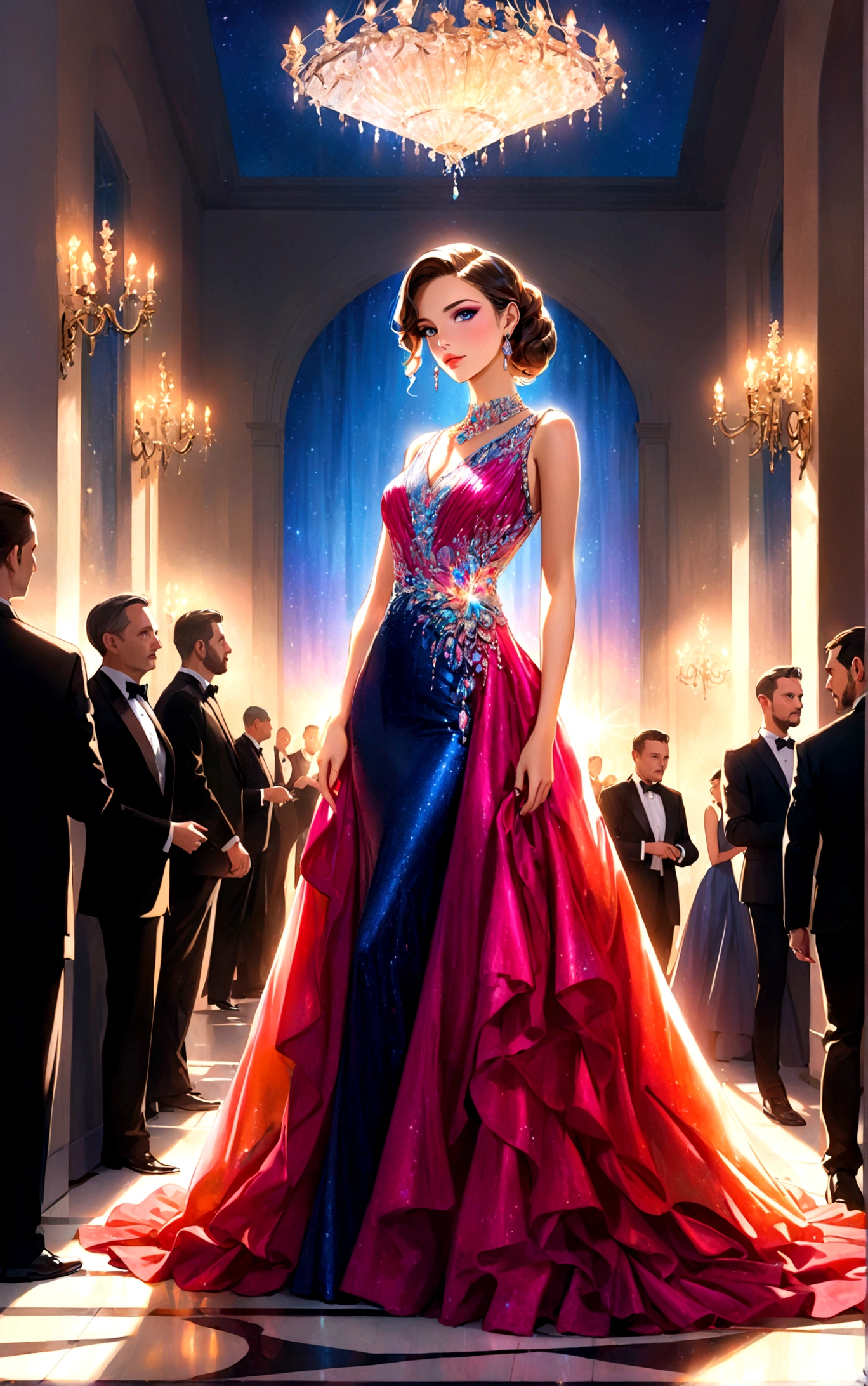 An elegant woman in a glamorous evening gown with a floor-length train, adorned with exquisite jewelry, wearing elaborate makeup, attending a high-end banquet. The setting is illuminated with radiant lights, creating a dazzling interplay of light and shadow. Medium: portrait painting, HDR, ultra-detailed, realistic. Art style: portraits. Color palette: vibrant colors, jewel tones. Lighting: sophisticated lighting design.