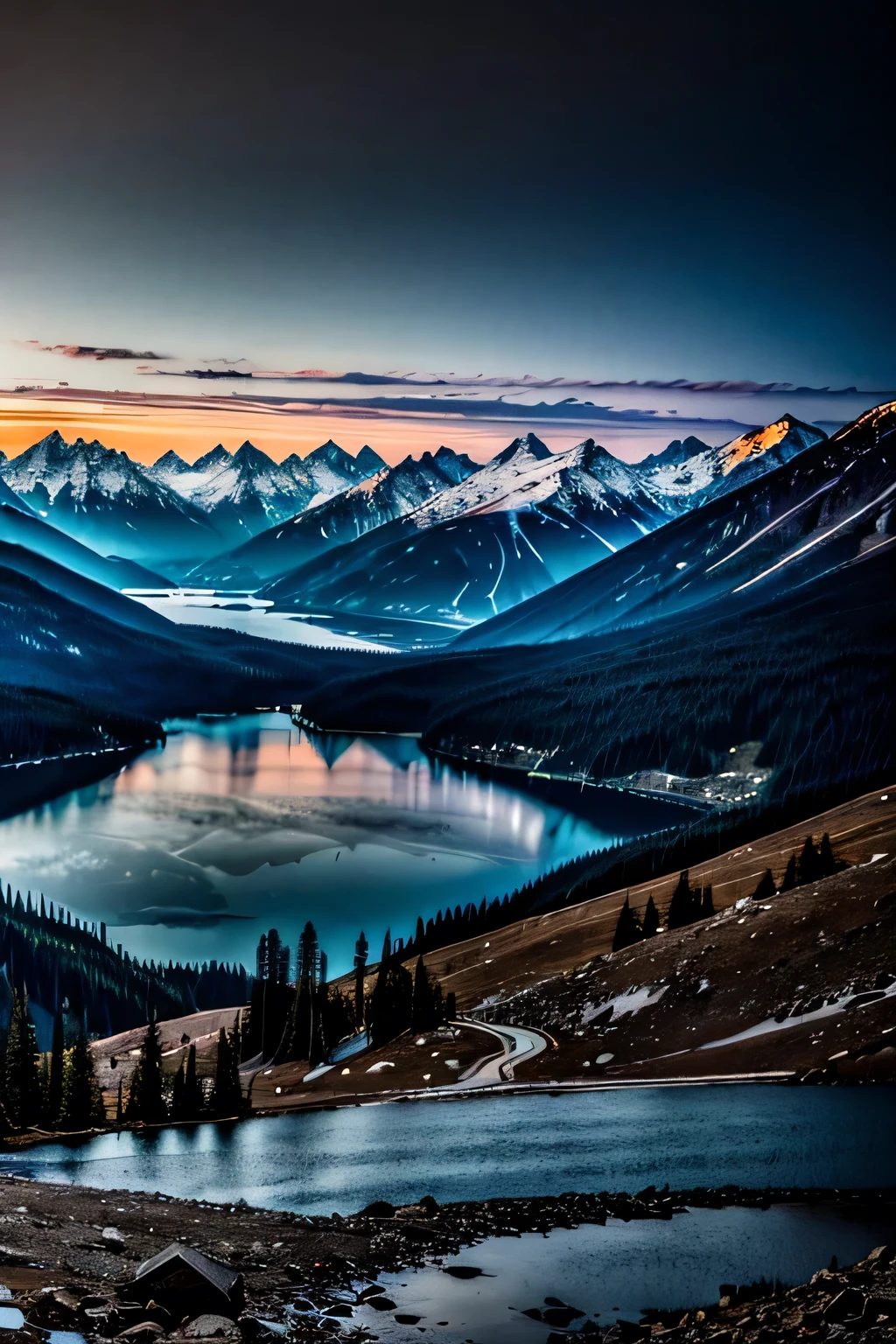 An image of mountains below, with a view of a lake in the distance, and a dark sky.