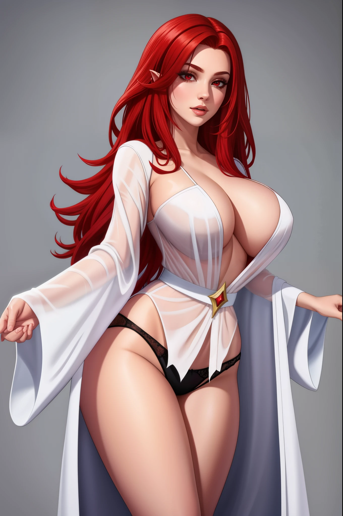 sorceress. sexy white robe, black panties, red hair, blank background