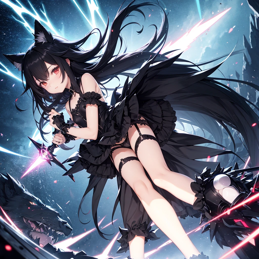 black long straight hair shota,hyper cute fenrir shota,ultra frilly miniskirt dress,holding glowing claw weapon,fenrir's claw attack,garter belt,