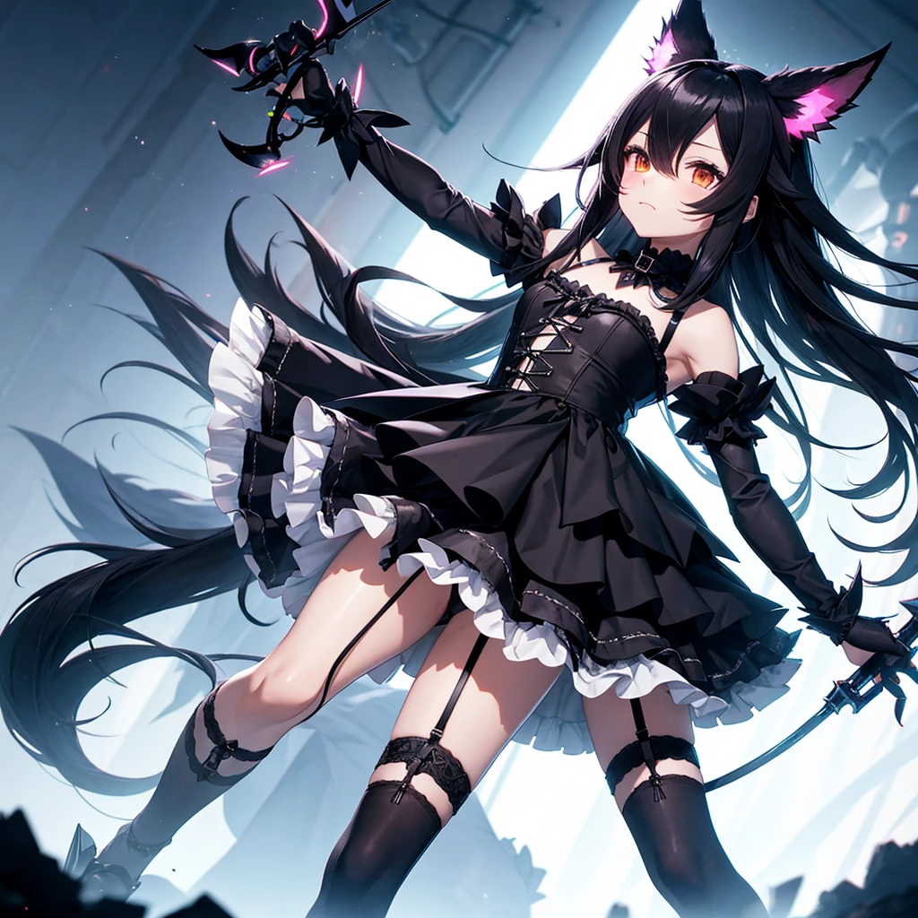 black long straight hair shota,hyper cute fenrir shota,ultra frilly miniskirt dress,holding glowing claw weapon,fenrir's claw attack,garter belt,