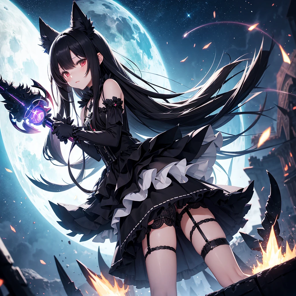 black long straight hair shota,hyper cute fenrir shota,ultra frilly miniskirt dress,holding glowing claw weapon,fenrir's claw attack,garter belt,