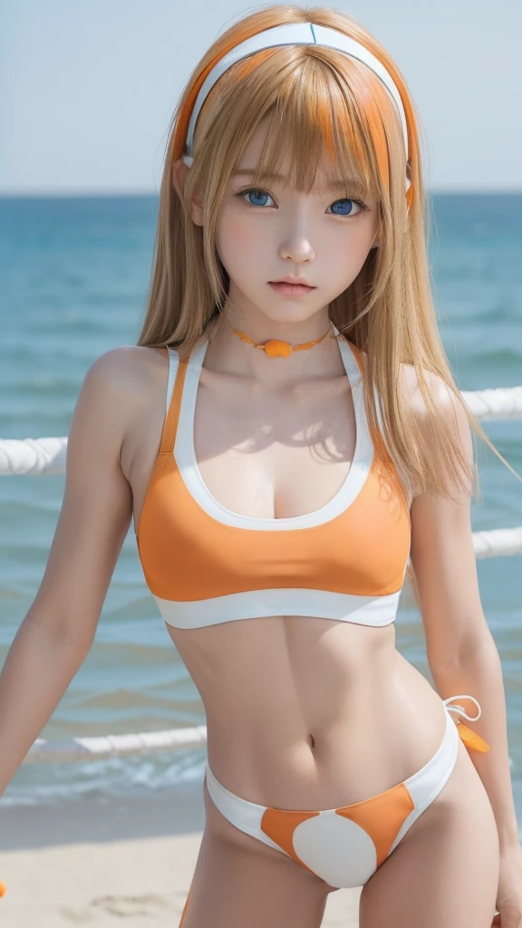 (((1 small cute girl/Super Flat Chest/whole body))),(((At the Beach))),(((innocent))),(((Petite figure))),(((Big Blue Eyes))),(Lightroom:1.13)、Soft Light、(Natural Skin Texture:1.2)、(Hyperrealism:1.2)、Sharp Focus、Highest quality, Photorealistic, In 8K, High resolution, (Skin Dentition), (Portrait:0.6), Pure Eros Face_v1:1,(((A pure 10-year-old)))、Nice cute girl、(((Orange and Super White combination sports bra swimsuit/Small breasts:1.72))),((Dark blonde long straight hair/Hair band/neckband, Parted bangs:1.7)), (((See through clothes))),(((Undersized clothing))),(((Revealing clothes))), (((Childlike)))、((())),(((Spreading legs))),(((lines in the pussy))),(((camel toe))),(((Super Flat Chest))),(((NSFW)))