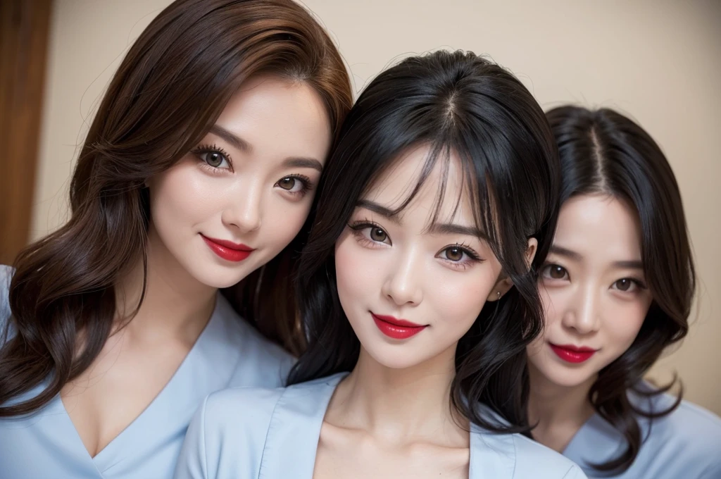 two sexy women in midwife outfits who are lovers of 4 years old boy, various hair colors and hairstyles, seductive smiles, black lipsticks, portrait, close up faces, view from below