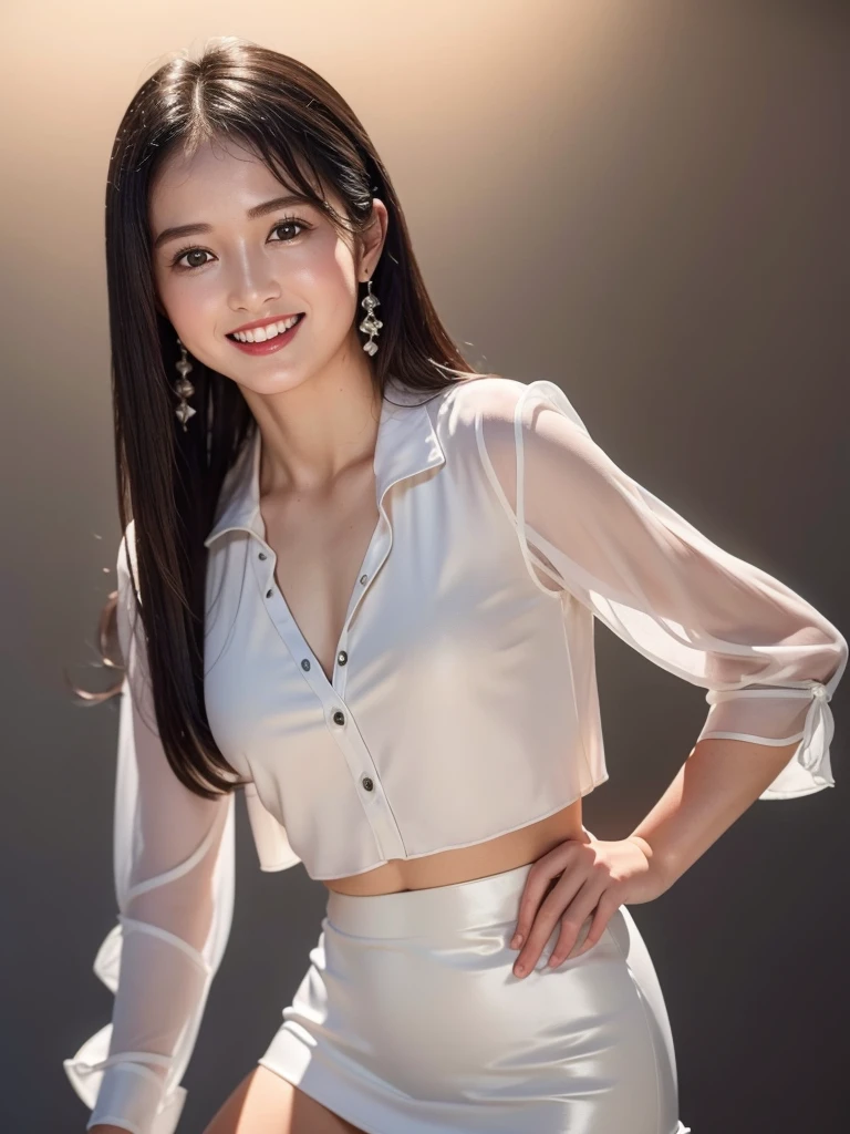 highest quality, masterpiece, Ultra-high resolution, realistic:1.3, solo:1.3, ((Clear Face)), cowboy shot, from front, leaning forward, (glowing skin), (looking at camera:1.3), (white blouse, black mini skirt), standing at dance hole, (medium chest:1.3), long hair, smile, soft brightness