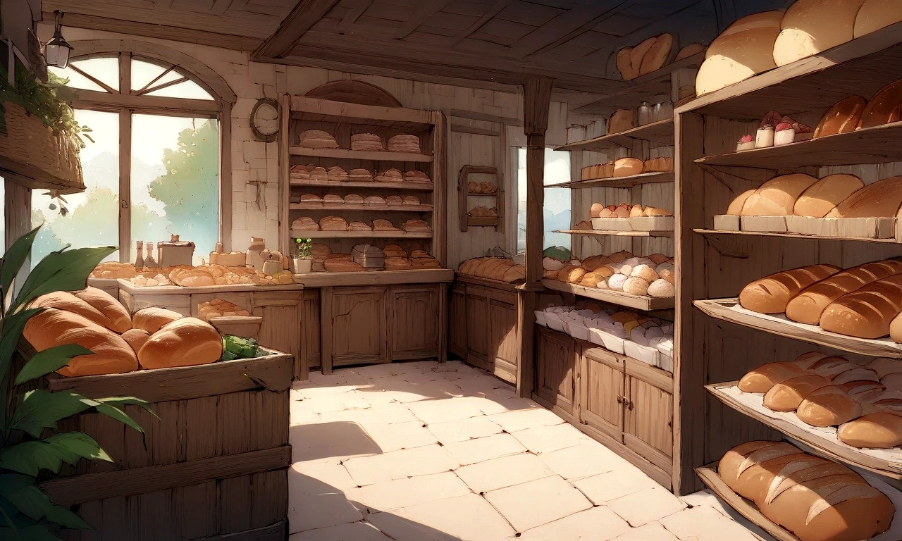((((masterpiece, Highest quality, High resolution)))),High detail, manga,anime,Illustration Style,Use of bright colors,Ghibli Studio,Similar to the colors used in daytime scenes, Game fantasy world view,RPG世界のbakery, Extremely detailed 8K, High detail, L-shaped shelf,bakery,Lots of delicious looking bread,cake,Prepared foods,カップcake,Small loaf of bread,Bread topped with colorful vegetables,bakeryの店内,indoor,Shelves lined with bread,人気のあるbakery,小さいbakery,可愛いbakery,flower々Potted plant.